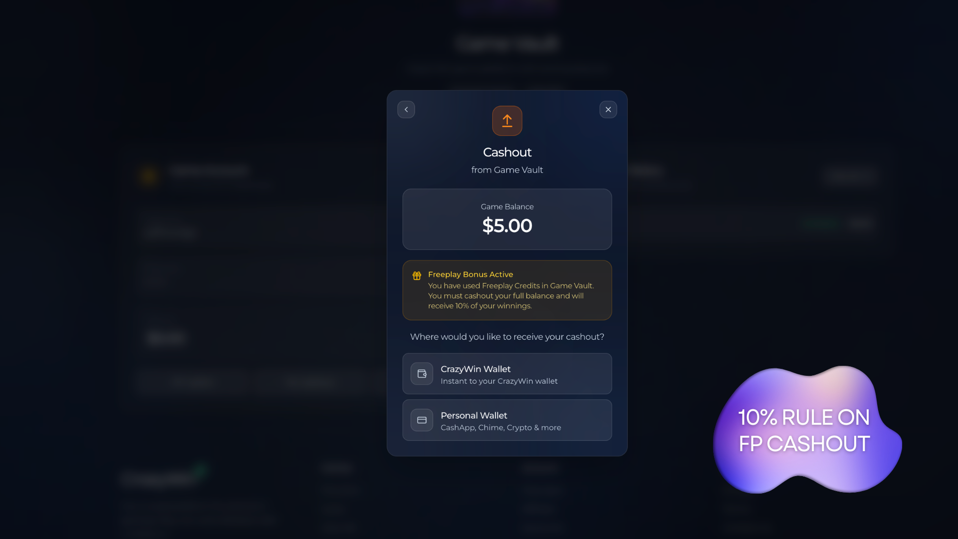 SweepEmpire freeplay cashout showing the 10% payout and full-balance rule