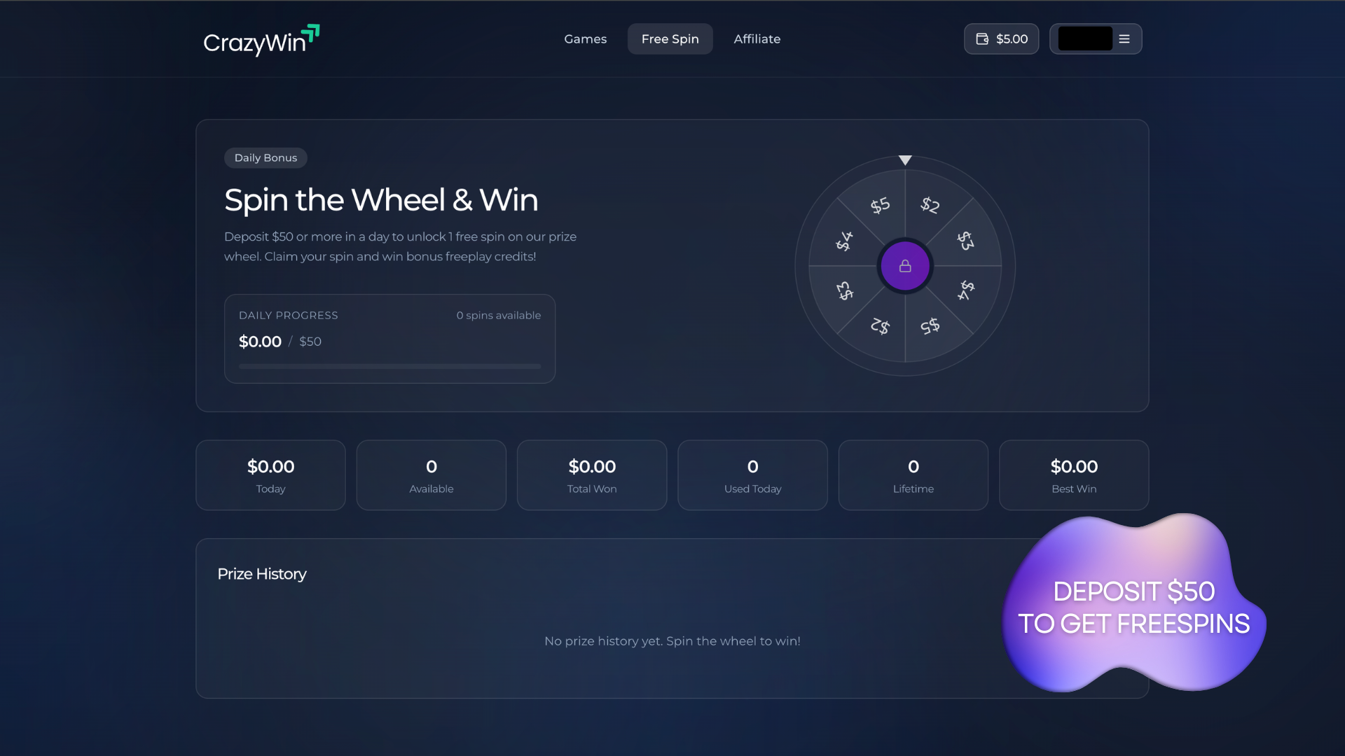 SweepEmpire Free Spin prize wheel and the daily deposit progress toward $50